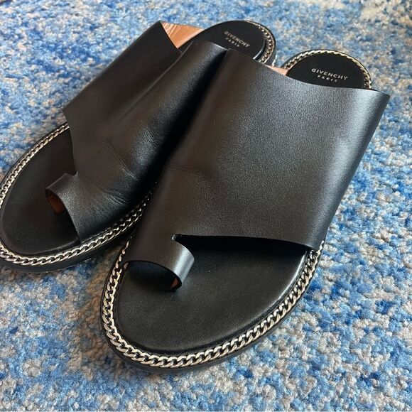 Givenchy Black Leather Chain Accent Slides - Picture 5 of 14